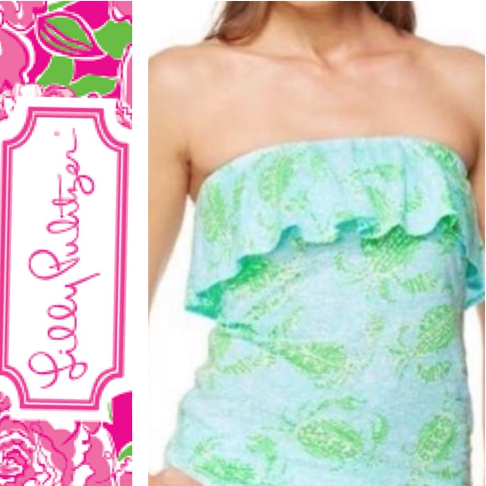 Lilly Pulitzer Strapless Ruffle Top Blue Green Turtle